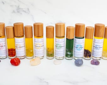 7 Chakra Essential Oil Roller Set with Crystals: Aromatherapy, Yoga, Meditation