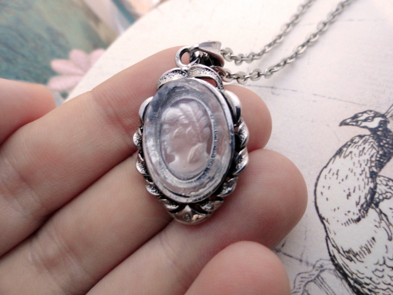 Clear Glass Cameo In Victorian Silver Setting Necklace Etsy