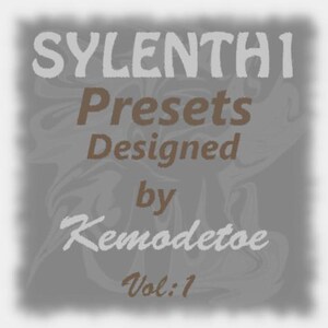 Puede incluir: Gráfico digital con el texto "SYLENTHI Presets Designed by Kemodetoe Vol: 1" en una fuente estilizada. El fondo es gris apagado con un sutil patrón de remolinos y un borde blanco.
