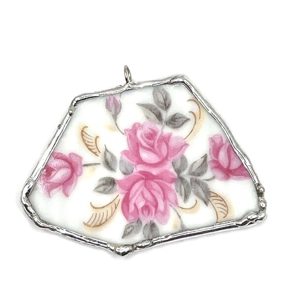 Large Pink Rose Vintage Broken China Pendant made from Lefton china with back-stamp.