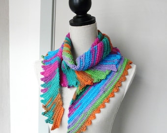 Skinny Multicolor Scarf Triangular Skinny Wrap with shades of Blue Lime Green Orange and Fuchsia Handmade from a variegated Yarn - Crochet
