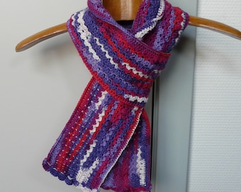 Red Blue Scarf and White with Shades of Purple and Fuchsia - Hand Crochet Scarf