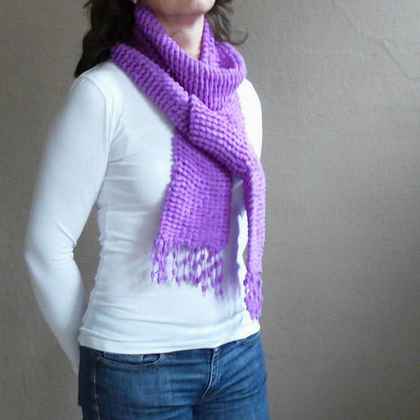 Long Purple Scarf Winter Fashion in Very Soft Pompom Yarn in Bright Purple - Hand Knit Scarf in Radiant Orchid