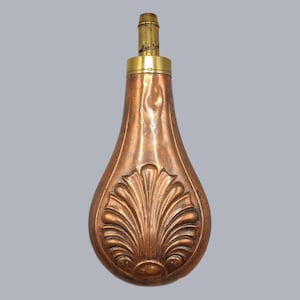 Antique English Copper Brass Powder Flask 19th Century Shell Pattern London England Horn Hunting Vintage Gunpowder
