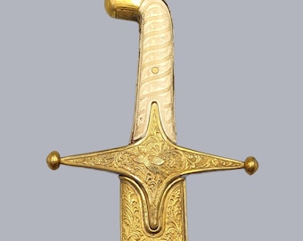 Antique Georgian Shamshir Sabre by Master Tobshev 20th Century Islamic Saber Sword Bone Handle Steel Blade Gilded Brass Mounts Caucasian