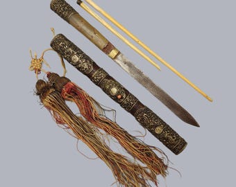 Juego de cuchillos chinos antiguos, cuchillos multiusos, utensilios, palillos, China, Mongolia, madera dura, vaina, mango de cuerno, asiático
