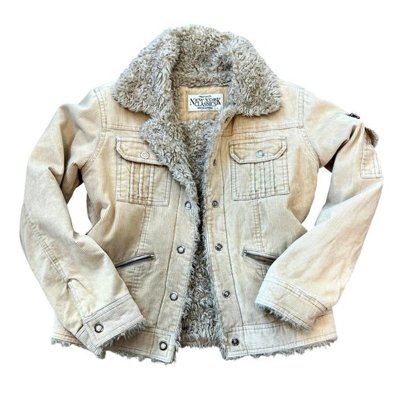 Vintage 90s Corduroy Faux Fur Lined Jacket Size Womens Small Cream 