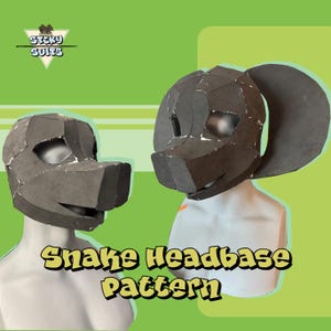 May include: Two foam headbases for a snake costume. The headbases are gray and have been cut out and assembled. The text "Snake Headbase Pattern" is written in yellow on a green background.