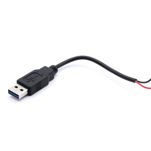 May include: A black USB connector attached to a short black cable. The other end of the cable is stripped, revealing two exposed wires, one red and one black, which are ready for connection to an electronic device or a power source component.