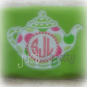 Monogram Teapot Tea Party Embroidery Applique Design