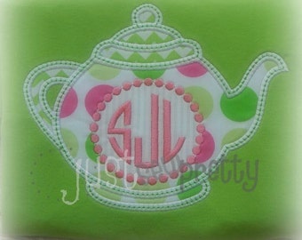 Monogram Teapot Tea Party Embroidery Applique Design