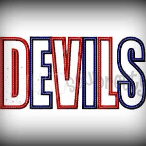 May include: Red and blue embroidered word "DEVILS" against a white background.
