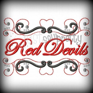 May include: Red Devils embroidery design with a black and gray floral frame and red hearts.