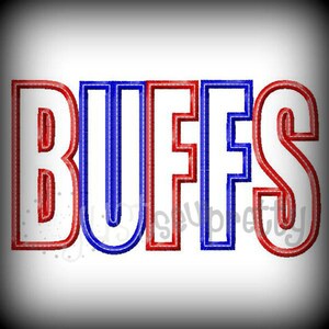 May include: Red and blue embroidered word "BUFFS" in a bold, blocky font.