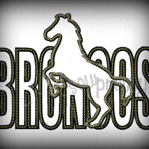 May include: Black and yellow embroidered design of a horse with the word "Broncos" in black outlined in yellow.