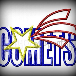 May include: Blue and yellow embroidered design of the word "Comets" with a red, white, and blue starburst behind it.