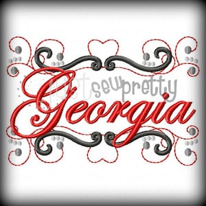 May include: Embroidered design featuring the word "Georgia" in red cursive script with a black and gray decorative border. The border includes swirls and hearts.