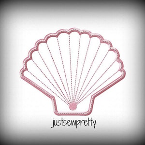 May include: Pink embroidered seashell design with a stitched outline. The design is on a white background.