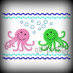 May include: Two smiling cartoon octopuses, one pink and one green, with a blue and turquoise wavy line border. The octopuses are surrounded by small white circles.