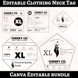 Paquete de etiquetas de ropa editables, etiqueta de etiqueta de cuello de camiseta, etiqueta de cuidado de prendas de bricolaje, etiquetas de ropa personalizadas, instrucciones de lavado, plantilla de Canva