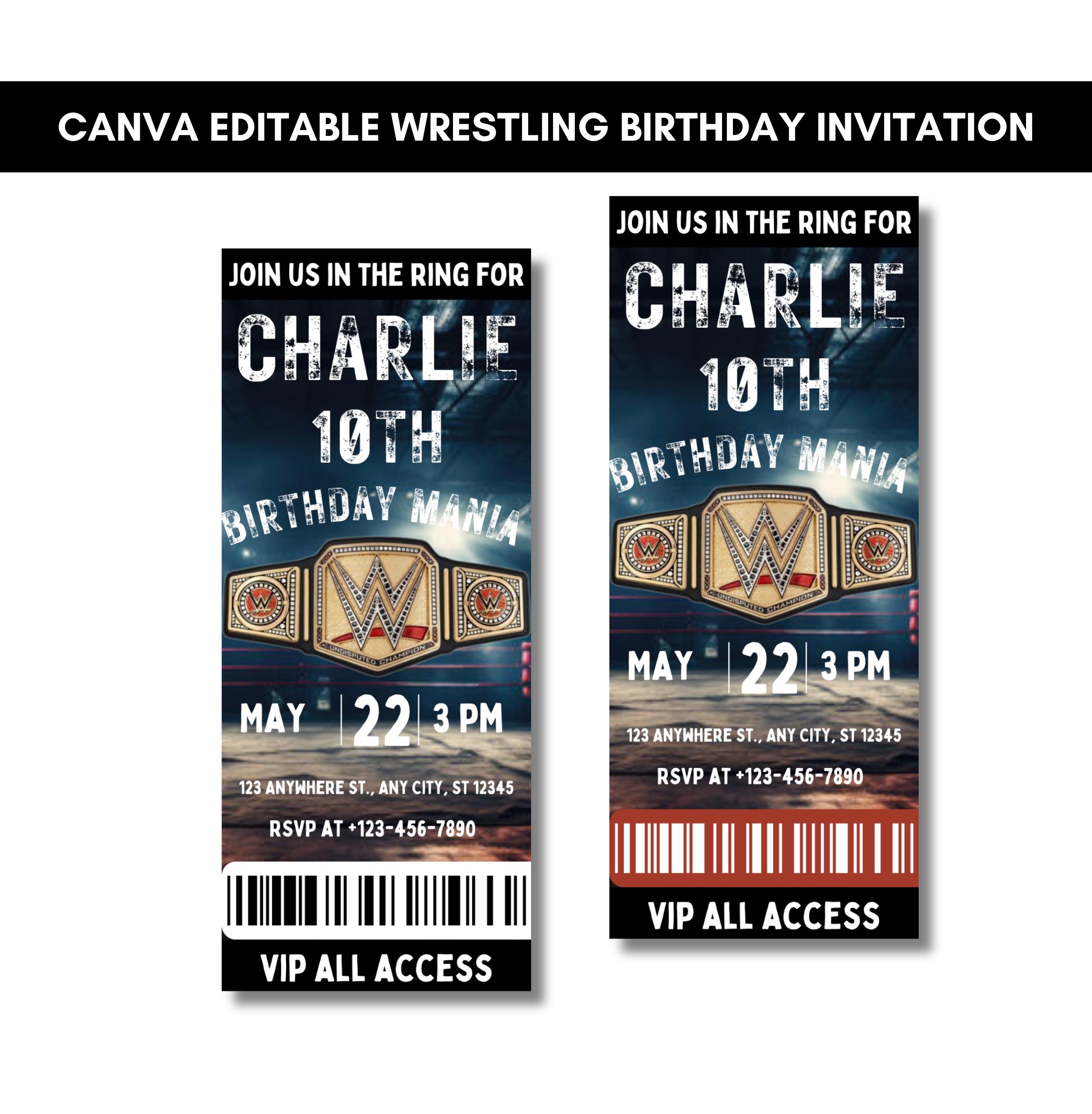 Editable/printable Wrestler Birthday Ticket Invitation Wrestling Ticket