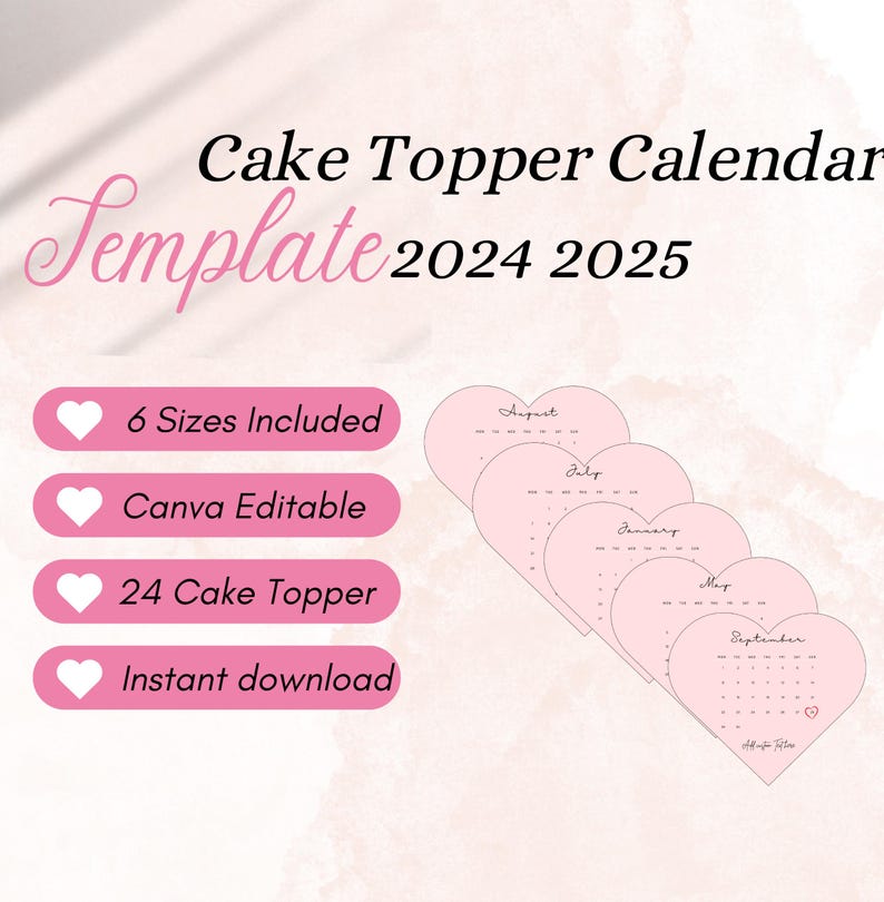 Pink Heart Shape Editable Burn Away Cake Topper Calendar Template,burn ...