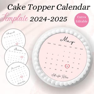 Modelo de calendário de topo de bolo editável para queimar, topo de bolo redondo personalizado, calendário 2024-2025 para impressão, topo de bolo de aniversário, Canva editável