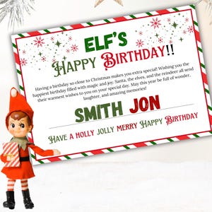 Carta de cumpleaños editable con forma de duende, el nombre de tu hijo, elfo navideño, ¡feliz cumpleaños personalizable! Tarjeta de cumpleaños navideña de elfo