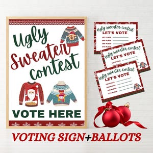Hässliches Weihnachtspullover-Abstimmungszeichen und Stimmzettel, hässliches Pullover-Preisträger-Kit, hässlichstes Pullover-Wahlkarten, hässlichster Pullover-Wahlzettel