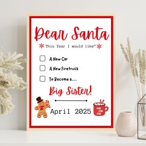 Letrero de pizarra para imprimir con mensaje personalizado o personalizado para anunciar el embarazo en Navidad, con texto "Querido Papá Noel", para hermano o hermana, en formato digital