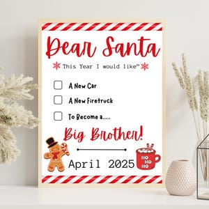 Letrero personalizado/personalizado para anunciar el embarazo de un hermano o una hermana mayor en Navidad, carta para Papá Noel, pizarra imprimible