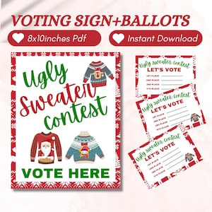 Hässliches Weihnachtspullover-Abstimmungszeichen und Stimmzettel, hässliches Pullover-Preisträger-Kit, hässlichstes Pullover-Wahlkarten, hässlichster Pullover-Wahlzettel