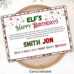 Carta de cumpleaños de elfo, carta de feliz cumpleaños de tu elfo, carta de cumpleaños de elfo personalizada imprimible, carta de cumpleaños de elfo editable en formato PDF, certificado de cumpleaños de elfo