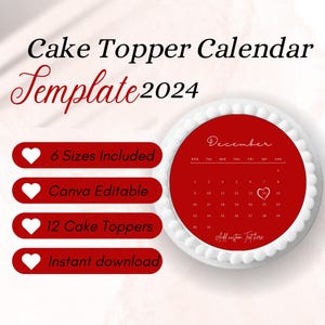 Editable Christmas Burn Away Cake Topper Calendar Template, Round Сake Topper, 2024 Calendar Printable, Birthday Cake Topper,Red Cake Topper