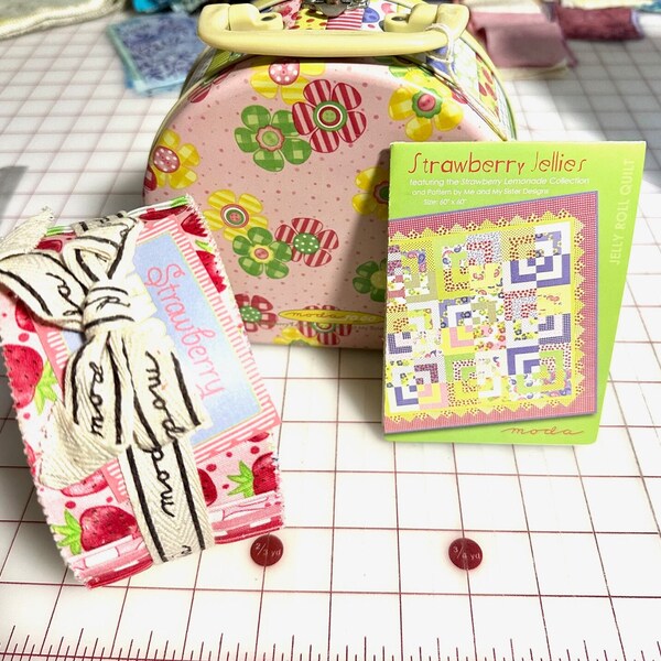 Moda Strawberry Lemonade Me and My Sister Jelly Roll Cream Pink Green Blue Yellow Fabric 2.5 Strips Tin and Pattern