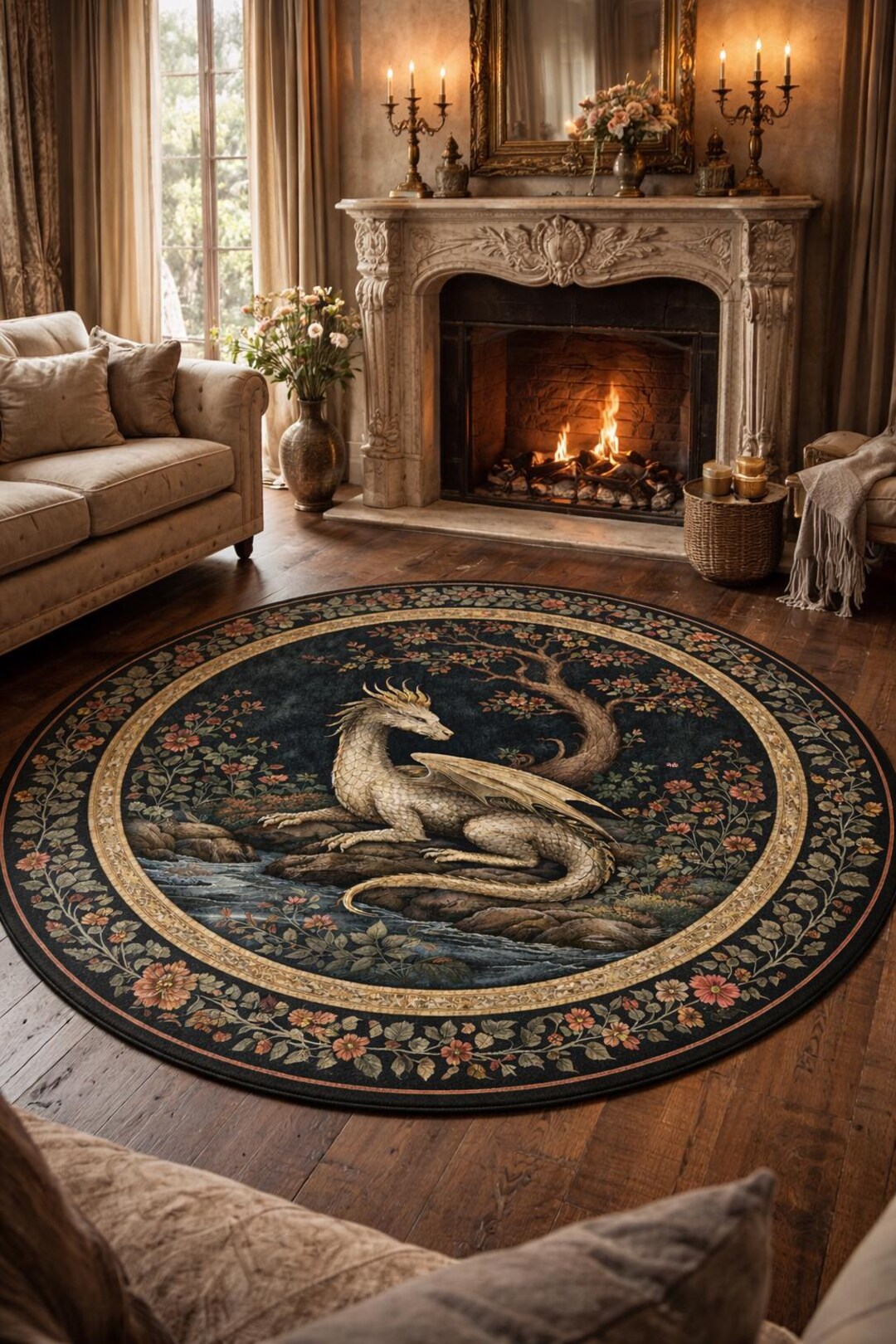Rpg Rug Dragon Round Rug, Gothic Fantasy Area Rug, Dark Academia Decor ...