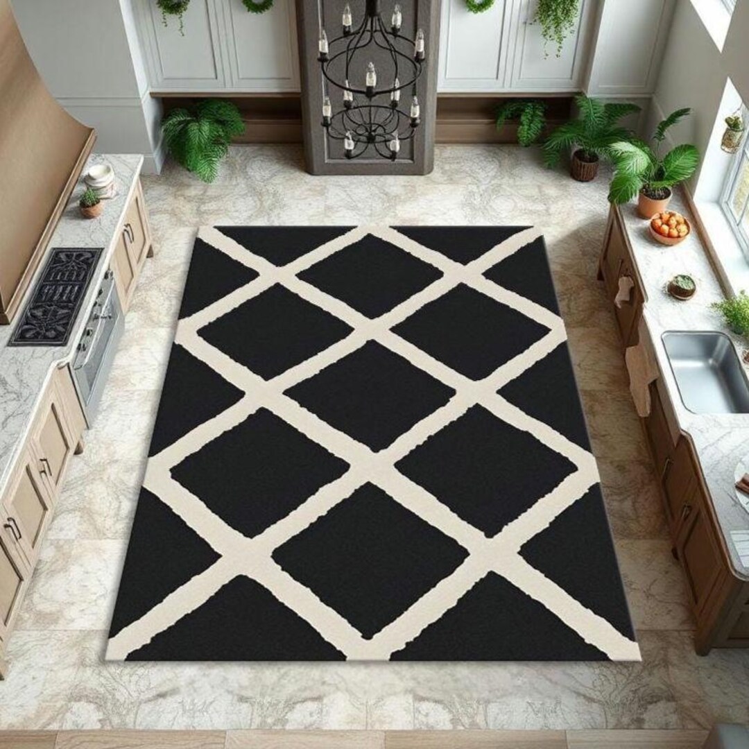 Black and White Boho Kitchen Rug - Modern Area Rug for Living Room ...