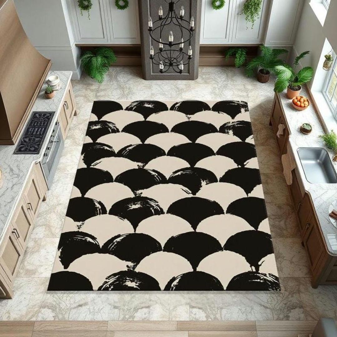 Black and White Boho Kitchen Rug: Modern Abstract Area Rug - Etsy