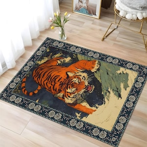 Tiger Rug, Colorful Washable Rug For Flamboyant Home Decor, Living Room, Decorative Rug For Bold Decor, Fierce Decor, Maximalist Home Decor