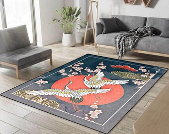 Japanese Crane Rug: Washable Anti-Slip Japan Art Carpet