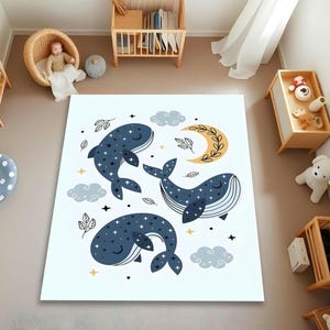 Whale Patterned Kids Rug: Sea Themed Nursery Decor