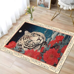 White Tiger Theme Printed Rug, Unique Rugs For Living Room, Decorative Rug For Bold Decor, Fierce Decor, Maximalist Home Decor