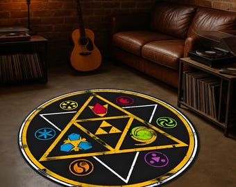 Legendary Power Circle Rug, Triforce Symbol Round Carpet, Geometric Gaming Mat, Magic Circle Rug for Living Room, Nerd Gift