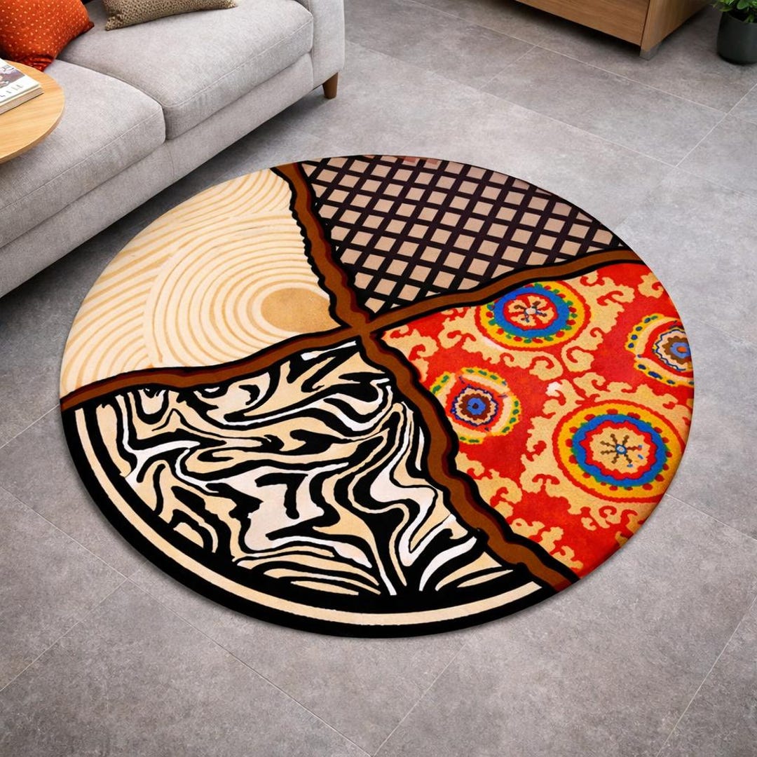 Round Rug, Modern Color Block Circle Rug, Graphic Boho Area Rug, Flat ...