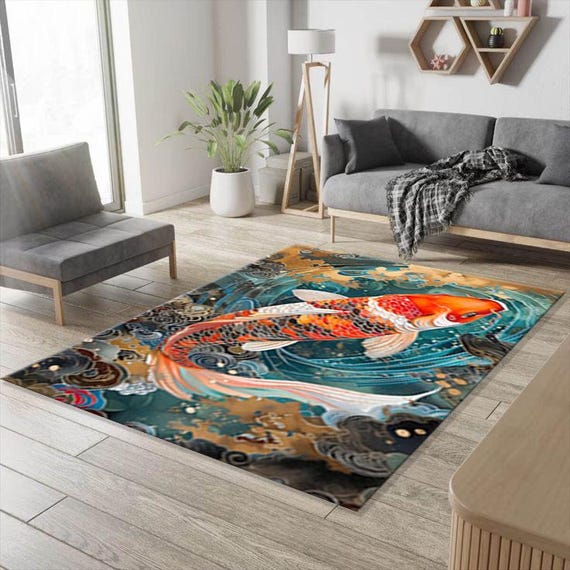 Koi Fish Rug: Japanese Art Carpet, Modern Boho Decor