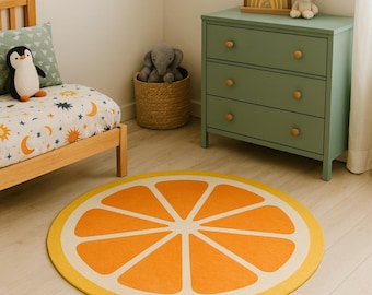 Orange runder Teppich Digitaldruck Obstscheibe Teppich für Wohnzimmer, Küche & Kinderzimmer Dekor, Babyzimmer Dekor Teppich, Geschenke für Kinder