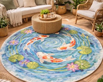 Round Koi Fish Rug, Japanese Zen Area Rug, Watercolor Pond Carpet, Entryway Veranda Decor, Nature Inspired Floor Rug