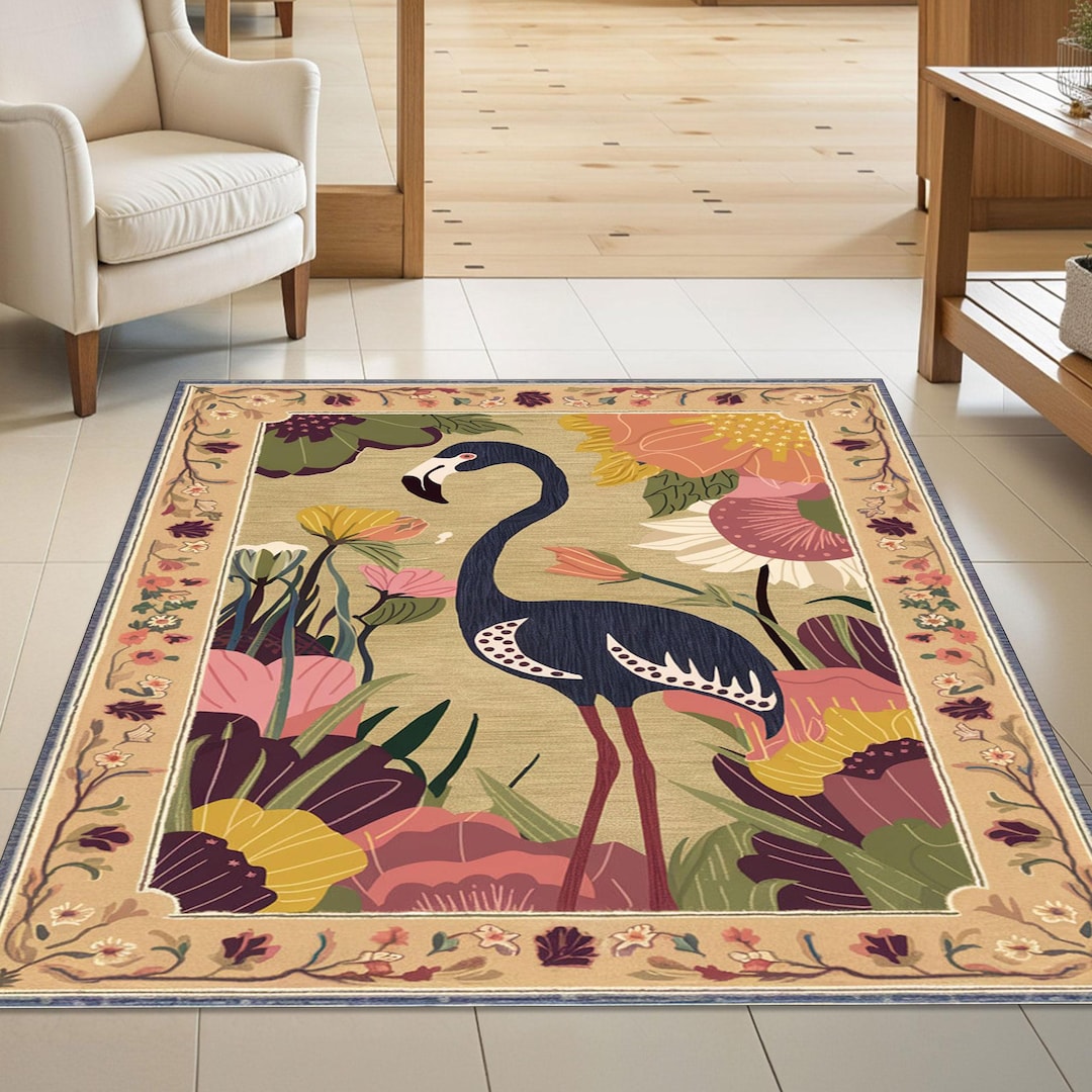 Vintage Style Floral Flamingo Rug – Colorful Tropical Bird Carpet ...