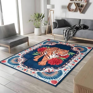 Japan Art Tiger Theme Printed Rug, Unique Rugs For Living Room, Decorative Rug For Bold Decor, Japan Art Decor, Maximalist Home Decor