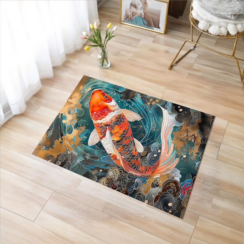 May include: A colorful rug with a large orange and white koi fish swimming in a blue and gold water design. The fish is surrounded by stylized clouds and waves.